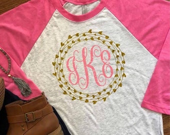 Valentines Day Monogram Raglan, Valentines Day,  Monograms, Heart Monogram, Valentines Day Shirts, Holiday Shirts, Glitter Monogram