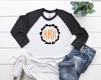 Halloween Monogram Shirt, Fall Monogram Shirt, Womens Halloween Monogram shirt, Bat Monogram shirt, Womens Fall Shirt