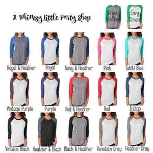 May include: A chart displaying 12 different colour combinations for a baseball style t-shirt. The colours include: Royal & Heather, Royal, Navy & Heather, Pink, Tahiti Blue, Vintage Purple, Purple, Red & Heather, Red, Indigo, Vintage Black, Heather & Black, Black & Heather, Venetian Grey, and Heather Grey.