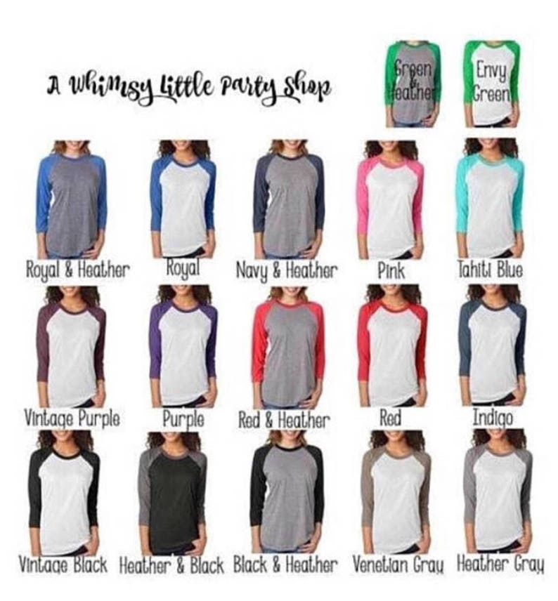 May include: A chart displaying 12 different colour combinations for a baseball style t-shirt. The colours include: Royal & Heather, Royal, Navy & Heather, Pink, Tahiti Blue, Vintage Purple, Purple, Red & Heather, Red, Indigo, Vintage Black, Heather & Black, Black & Heather, Venetian Grey, and Heather Grey.