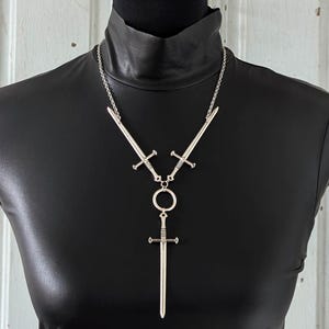 Three of Swords Tarot Choker: Gothic Silver Sword Necklace