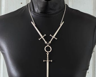 Three of Swords Tarot Choker: Gothic Silver Sword Necklace