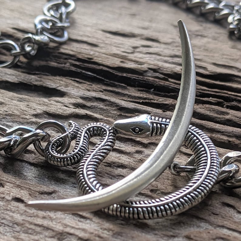 May include: A silver snake charm with a crescent moon charm attached to a silver chain. The charms are on a wooden surface.