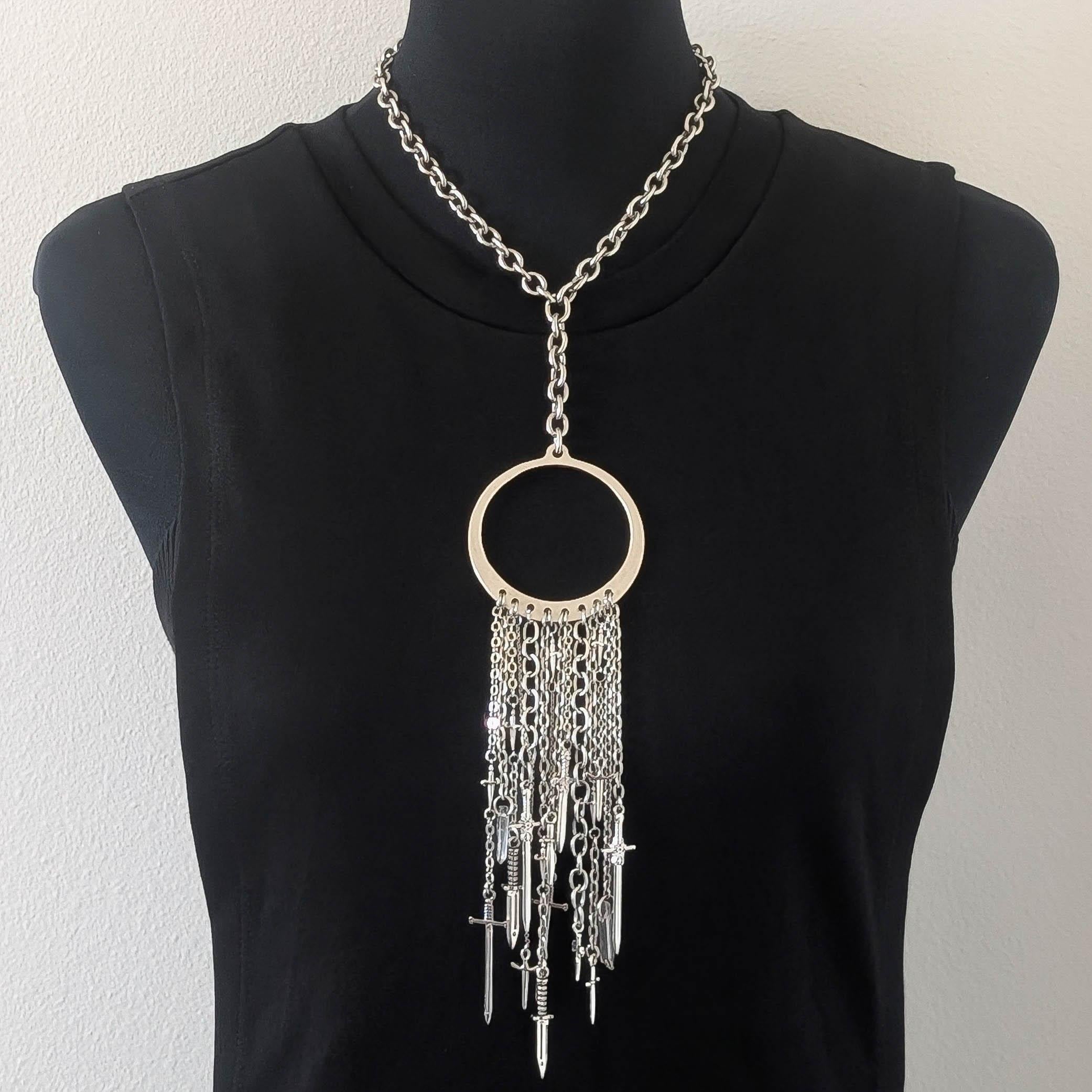 Collier Pendentif Gun Metal Avec Pierres Noires Facettées Et Franges - Longueur 27 Pouces