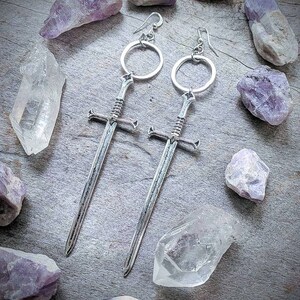 Telum Sword Earrings Silver Goth Jewelry Witchy Oddities Tarot Gothic Spooky Dramatic Long Occult image 3