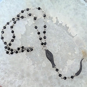 Salvaged Bone Rosary Necklace: Snake, Sword, Moon - Goth Occult Jewelry