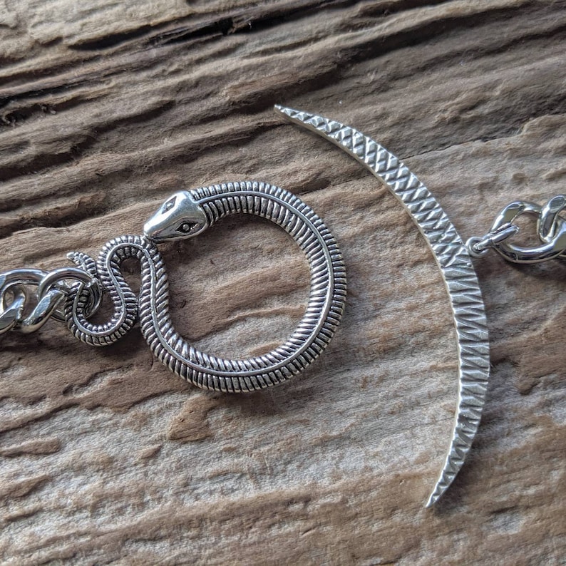 May include: A silver snake charm with a textured body and a crescent moon charm with a textured surface. Both charms are attached to a silver chain.