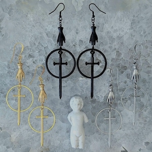 Phantom Hand Sword Dangle Earrings: Victorian Goth Jewelry