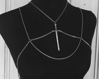 Athena - Harness - Body Chain - Sword - Silver - Stainless Steel - Avant Garde - Goth - Witchy - Sexy - Choker - Gothic - Chain Harness