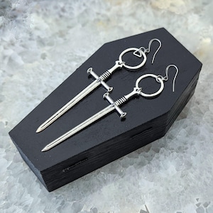 Telum -Sword Earrings - Silver - Goth - Jewelry - Witchy - Oddities - Tarot - Gothic - Spooky - Dramatic - Long - Occult