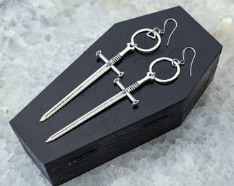 Telum -Sword Earrings - Silver - Goth - Jewelry - Witchy - Oddities - Tarot - Gothic - Spooky - Dramatic - Long - Occult