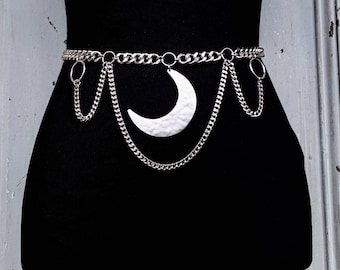 Crescent Moon Chain Belt: Silver Plated Goth Cinch Waist