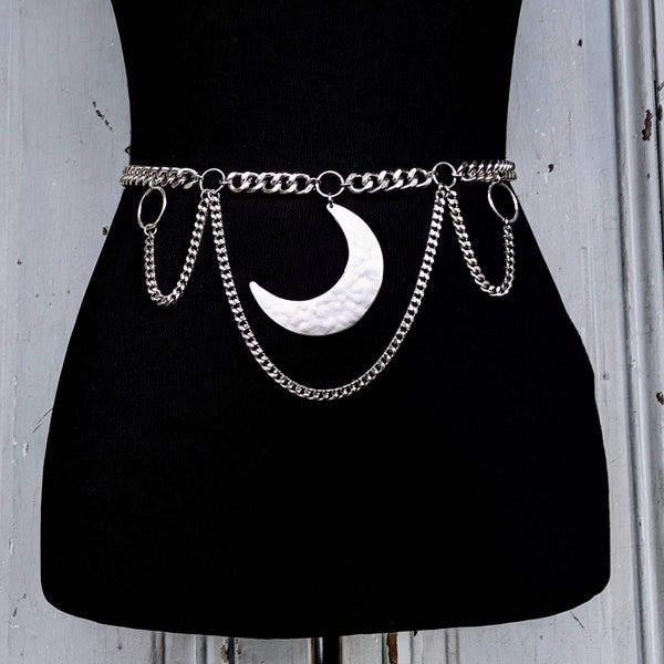 Selene - Moon - Belt - Silver - Chain -  Adjustable - Goth - Gothic - Avant Garde - High Waist - Handmade - Occult - Witchy