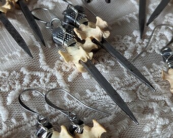 Coffin Nail - Salvaged Bone -  Earrings - Vintage - Steel - Goth - Witchy - Oddities - Macabre - Black Metal - Gothic - Cruelty Free