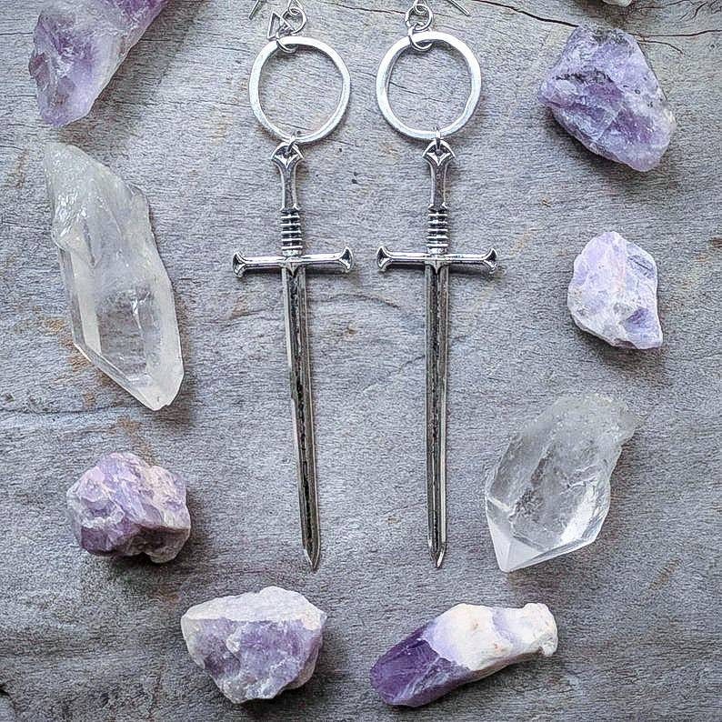 Telum Sword Earrings Silver Goth Jewelry Witchy Oddities Tarot Gothic Spooky Dramatic Long Occult image 8