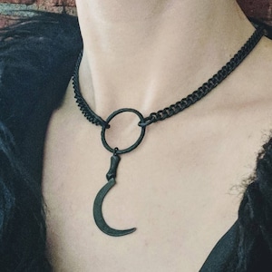 Grim Reaper Choker Necklace Silver Black Dark Witchy Goth Gothic Scythe Black Metal Sickle Gift Macabre image 1