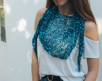 Mesh Shawl, Turquoise Off Shoulder Wrap, Sheer Shawl Wrap, Triangle Shawl, Bohemian  Unique Shawl, Modern Scarf, Lace Shawl