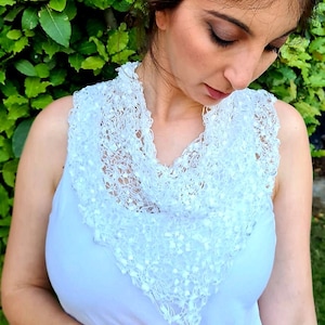 White Bridal Hand Knitted Wedding Shawl Wrap, Lace Triangle Scarf, White Elegant Wedding Wrap