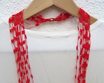 Red Hand Made Fiber Necklace, Long Red Necklace, Multi Strands Necklace, Red Fiber Jewelry
