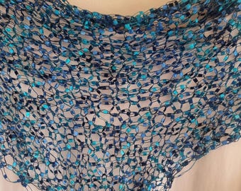 Hand Knitted Turquoise Ladder Yarn Shawl: Women&#39;s Triangle Wrap