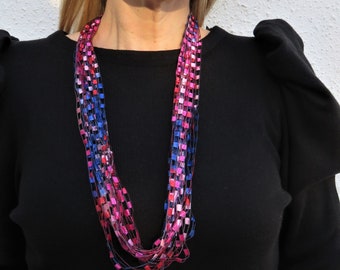 Colorful Ladder Yarn Multi Strand Hand Made Statement Necklace