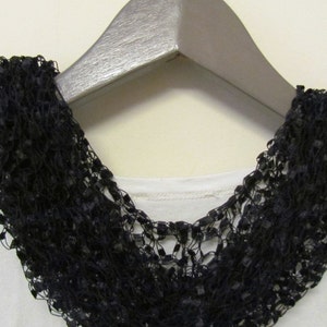 Hand Knitted Black Ladder Yarn Evening Shawl: Elegant Lace Scarf