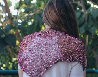 Hand Knitted Pink Ladder Yarn Shawl: Lightweight Evening Wrap