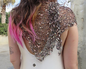 Hand Knitted Gold Ladder Yarn Scarf: Elegant Triangle Shawl
