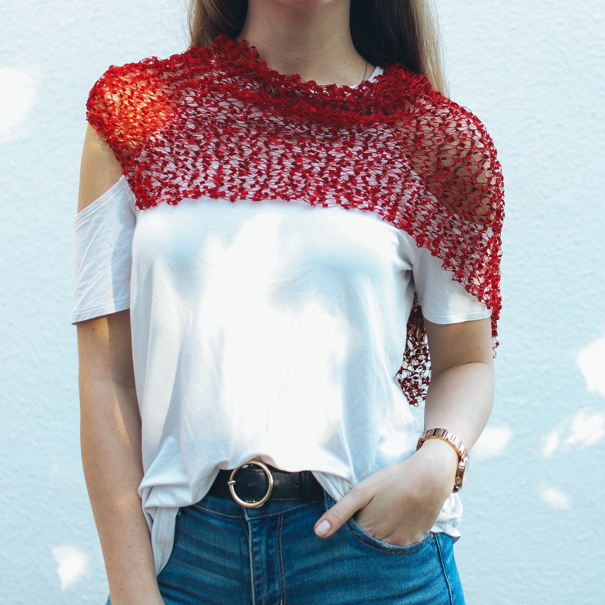 Red Sheer Poncho Style Asymmetric Scarf Shawl