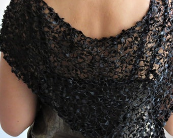 Hand Knitted Black Ladder Yarn Shawl: Elegant Evening Scarf