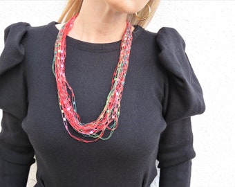 Red and Green Ladder Yarn Hand Made Necklace, Multi Strand Colorful Necklace, Fiber Colorful Necklace, Statement Necklace