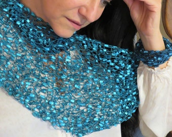 Blue Hand Knitted Shawl and Bracelet Set