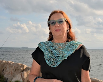 Mint Ladder Yarn Shawl: Handmade Women&#39;s Shoulder Cover Up