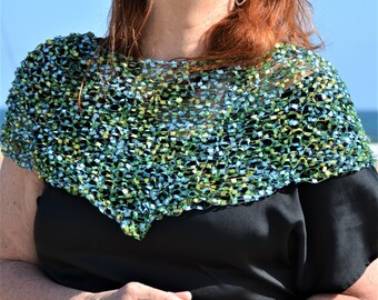 Hand Knitted Ladder Yarn Shawl: Blue Green Elegant Wrap