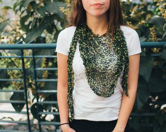 Stole Ready to Ship Triangle Shoulder Wrap Crochet Prayer Shawl Multicolor Forest Green Shawl Gift for Her