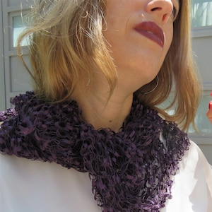 Hand Knitted Deep Purple Ladder Yarn Shawl: Elegant Triangle Scarf