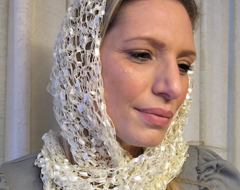 Off White Lacy Headcover Scarf, Hair Net Head covering, Mitpachat, Net head gear