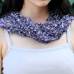 Hand Knitted Purple Triangle Scarf: Ladder Yarn Shawl Wrap
