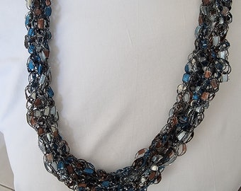 Colorful Statement Necklace, Hand Knitted Fiber Statement Necklace, Fiber art Jewelry, Blue and Silver Knitted Necklace