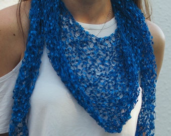 Royal Blue Elegant Handknit Triangle Shawl Scarf for Women