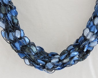 Hand Knitted Blue Fiber Statement Necklace: Ladder Yarn Jewelry