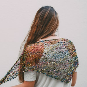 Hand Knitted Colorful Ladder Yarn Shawl: Triangle Scarf Wrap