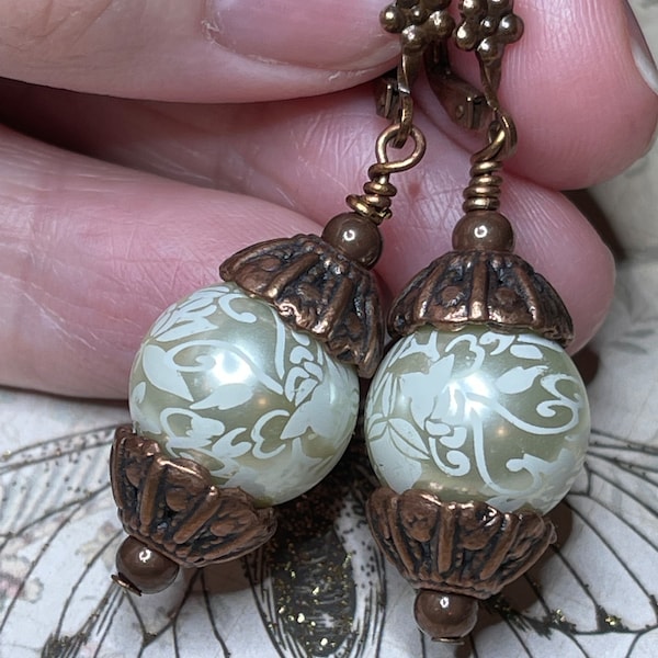 Antique Copper Earrings, Cream Pearl with leafy design, Pearl earrings, Copper Pearl Earrings.