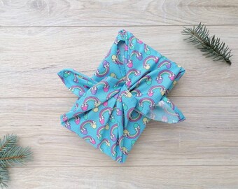 FUROSHIKI BLUE RAINBOW, Gift Wrapping Fabric Rainbow Pattern in Recycled Fabric, Zero Waste Wrapping
