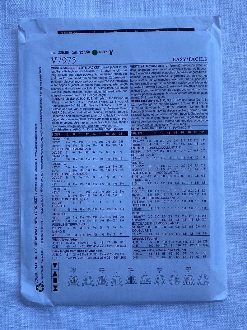 May include: A white paper sewing pattern envelope for Vogue V7975, featuring technical illustrations of five jacket variations labeled A through E. The back of the envelope displays detailed sizing charts, fabric requirements, and notions in English.