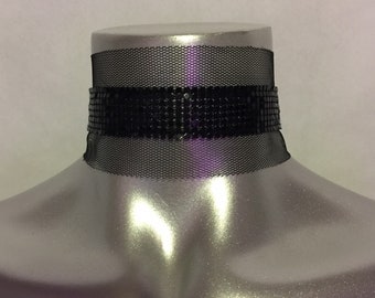 Wide Mesh Flat Chain Metal Choker with Tulle Appliqué
