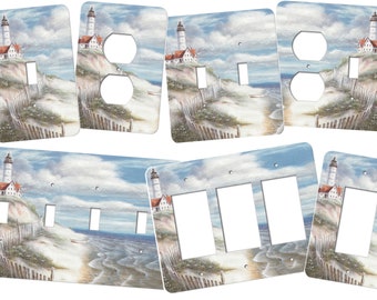 This light switch cover features a Cape Cod style lighthouse with large sand dunes and sea grasses!  Available as a four gang cover  SS55