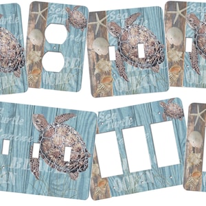 Turtle Switch Plate Cover features a sea turtle image with a variety of seashells in cool blues and browns for a color scheme. SS200