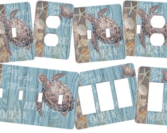 Turtle Switch Plate Cover features a sea turtle image with a variety of seashells in cool blues and browns for a color scheme. SS200