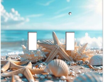 Seashell Switch Plates, wall plate, tropical, starfish, seashells, sea shells, ocean, nautical, quads, four gang, four switches SS207